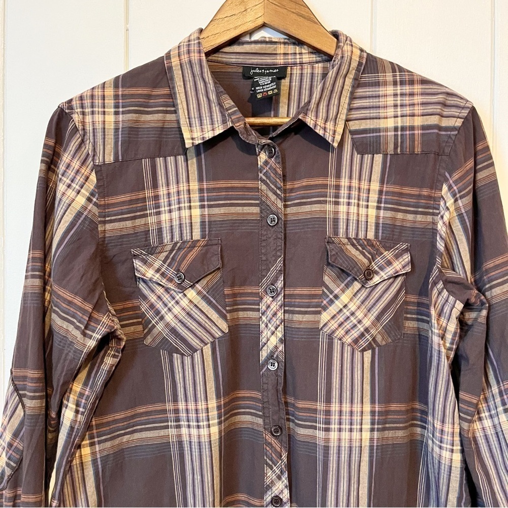Jules + James Brown Plaid Button Down Shirt. Size Large. - Picture 2 of 8